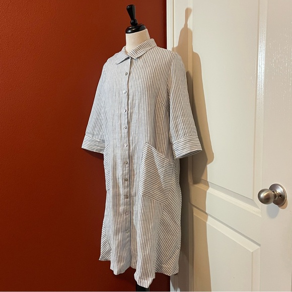 Lintico Dresses & Skirts - Lintico Women’s Blue & White Striped 100% Linen Button Down Midi Shirt Dress
